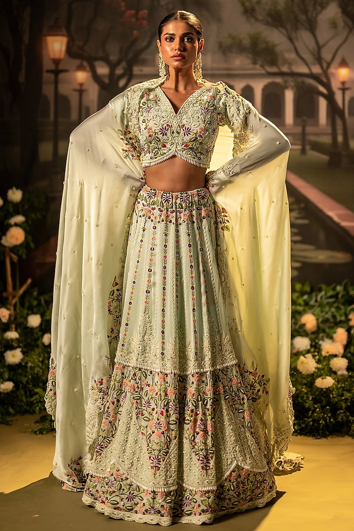 Mint Silk Organza Thread Work Bridal lehenga for 22 Lehenga Set by Siddhartha Daga at Pernia's Pop Up Shop