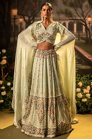 Mint Silk Organza Thread Work Lehenga Set by Siddhartha Daga