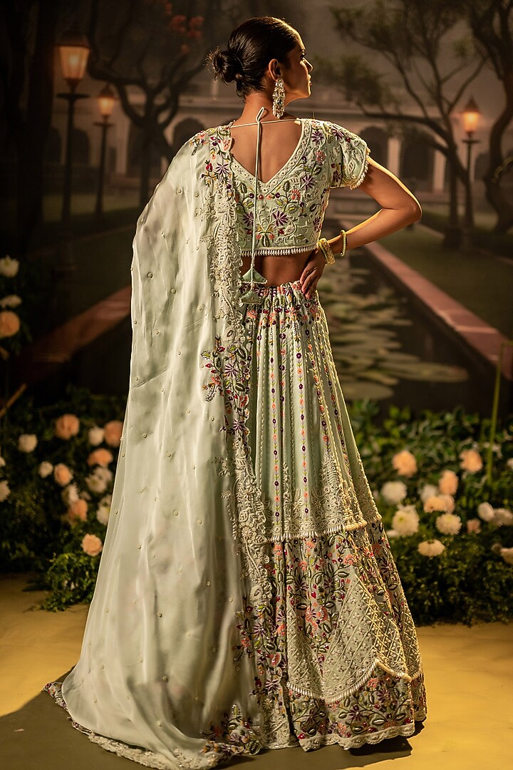 Mint Silk Organza Thread Work Bridal Lehenga Set by Siddhartha Daga at Pernia's Pop Up Shop