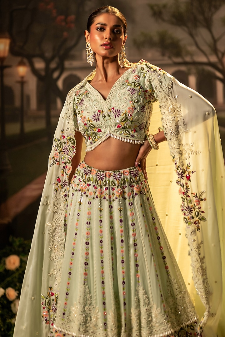 Mint Silk Organza Thread Work Bridal Lehenga Set by Siddhartha Daga at Pernia's Pop Up Shop