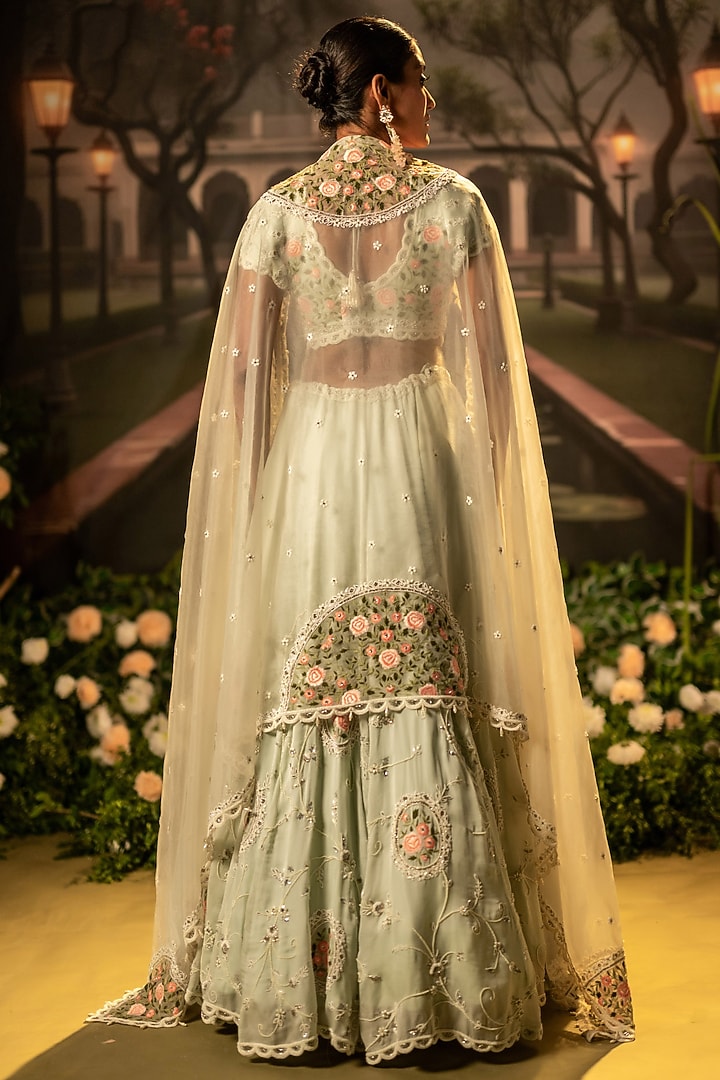 Mint Silk Organza Pearl & Thread Work Wedding Lehenga Set by Siddhartha Daga at Pernia's Pop Up Shop