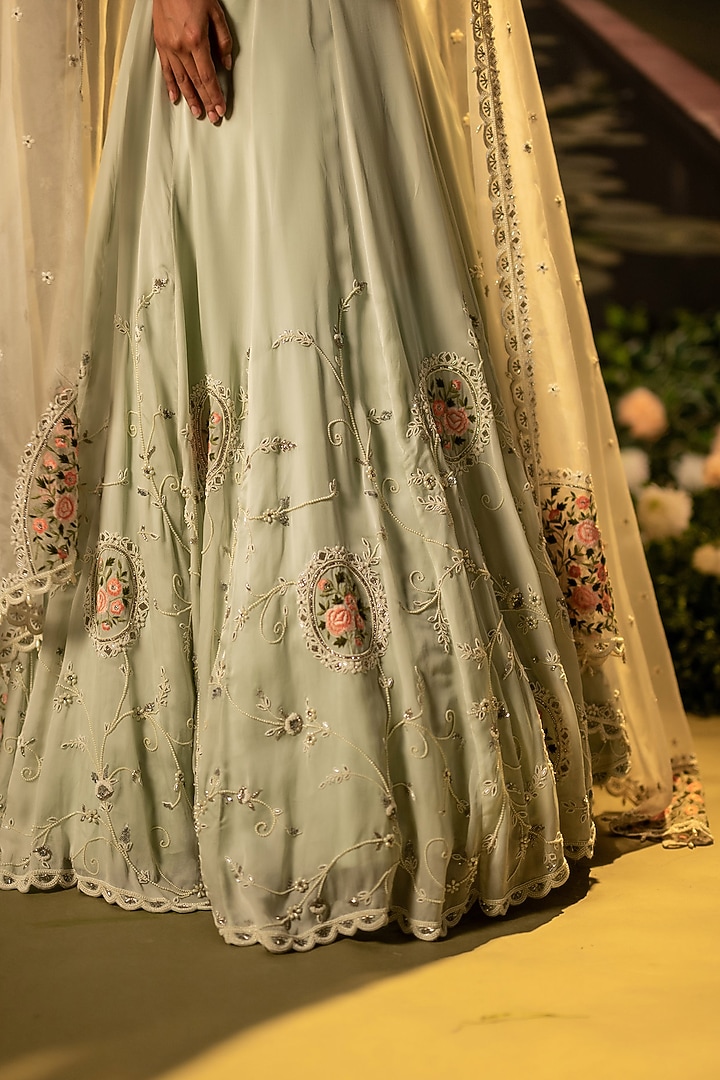 Mint Silk Organza Pearl & Thread Work Wedding Lehenga Set by Siddhartha Daga at Pernia's Pop Up Shop