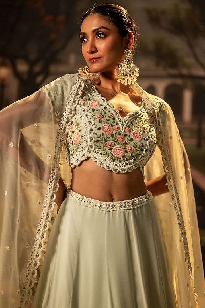 Mint Silk Organza Pearl & Thread Work Wedding Lehenga Set by Siddhartha Daga at Pernia's Pop Up Shop