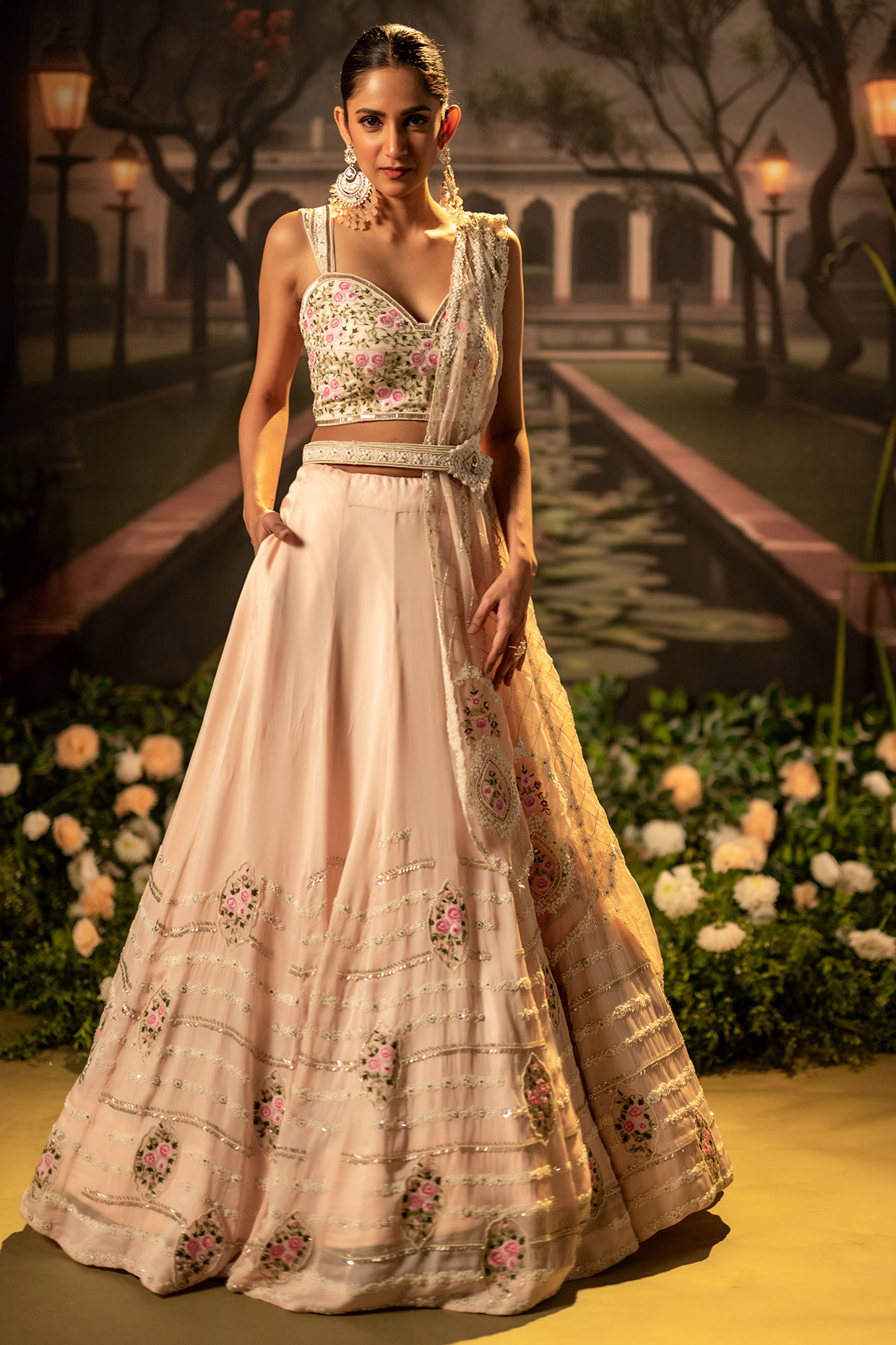 Pink Silk Organza Pearl Work Wedding Lehenga Set by Siddhartha Daga at Pernia's Pop Up Shop