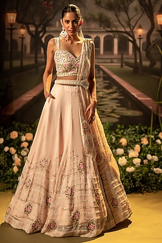 Pink Silk Organza Pearl Work Lehenga Set by Siddhartha Daga