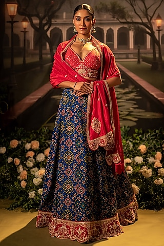 Blue Silk Gota Embroidered Lehenga Set by Siddhartha Daga