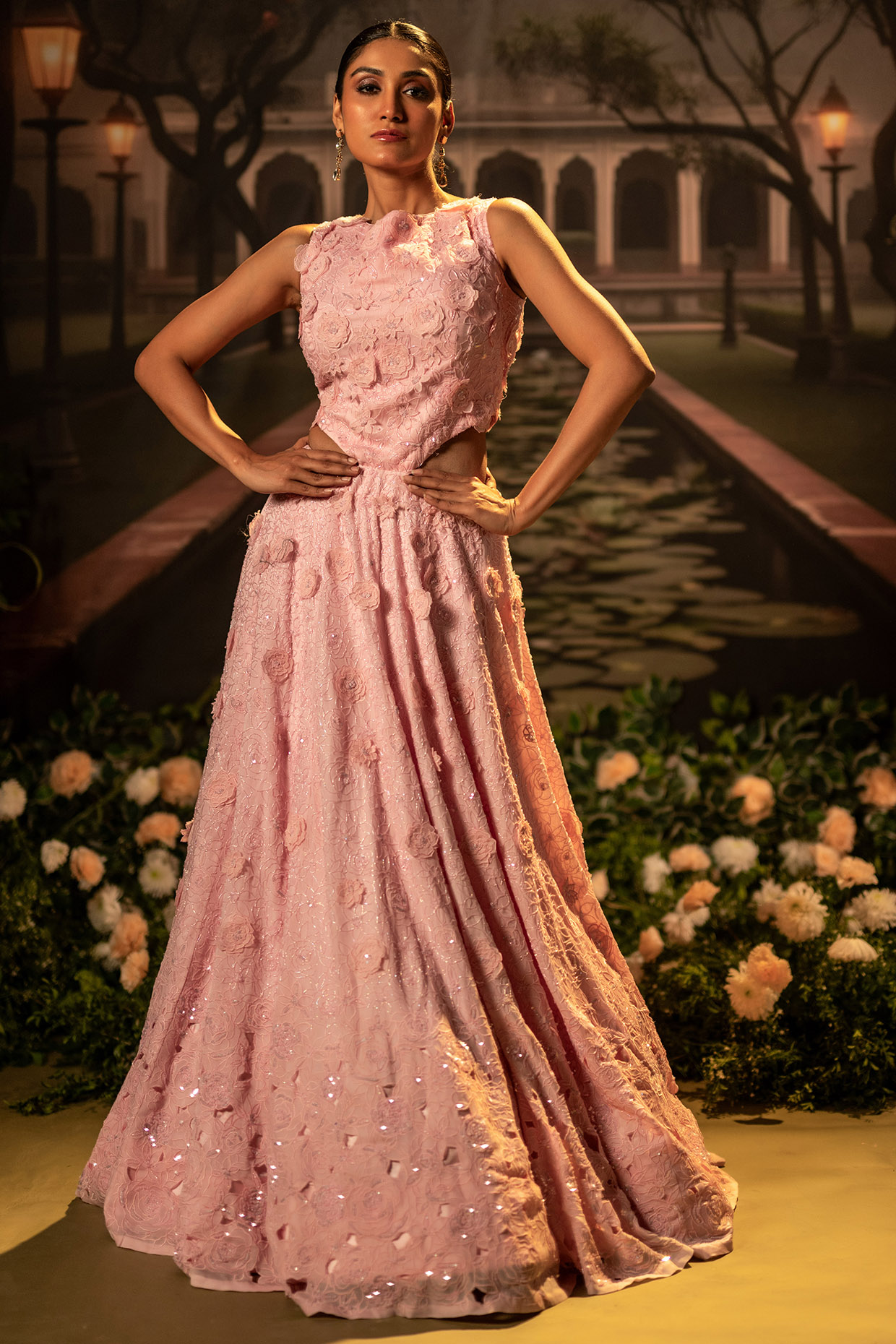 Bubblegum Pink Satin Organza Cutdana Embroidered Floral Gown by Siddhartha Daga at Pernia's Pop Up Shop
