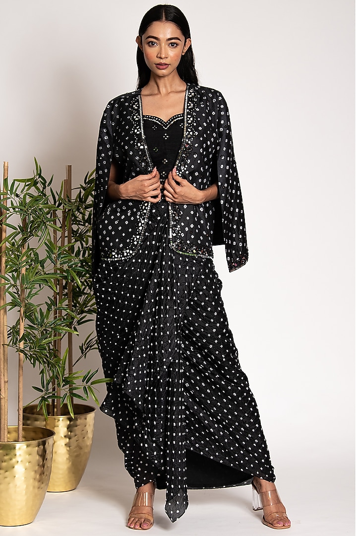 Black Printed Draped Skirt Set by Siddhartha Daga
