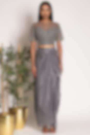 Steel Grey Printed Draped Skirt Set by Siddhartha Daga