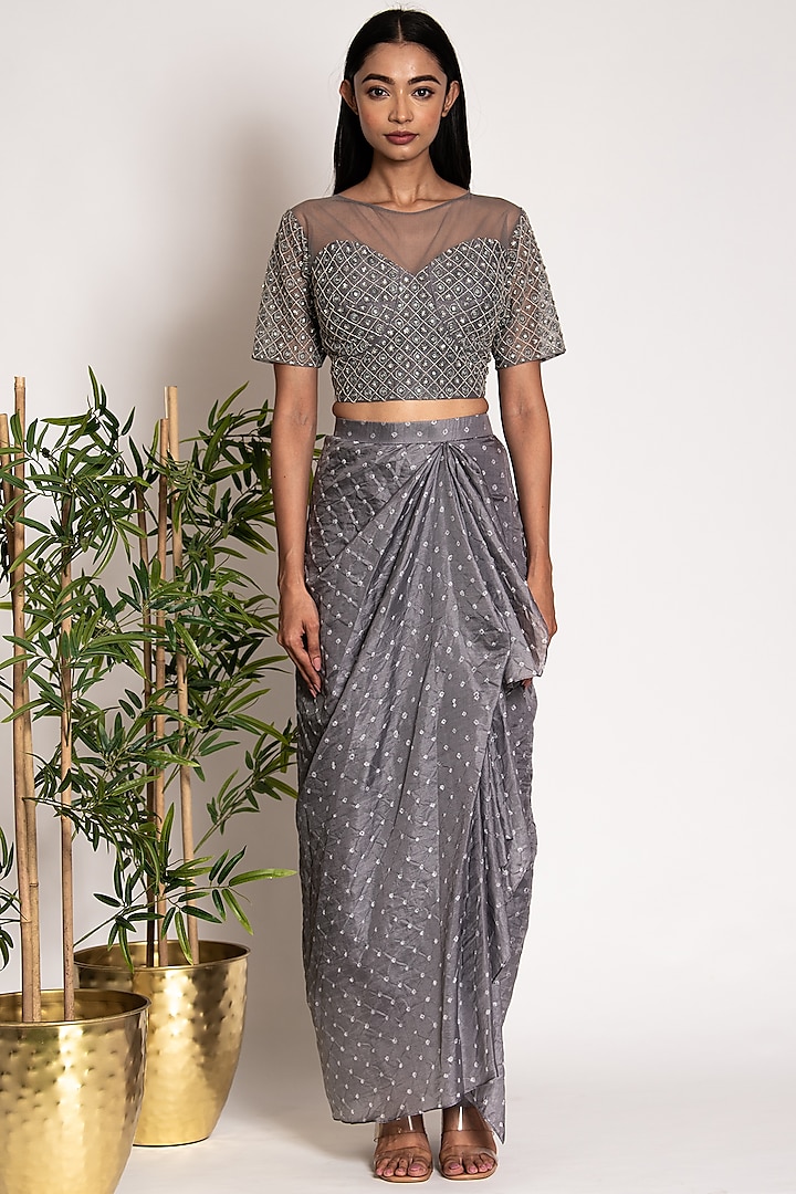 Steel Grey Printed Draped Skirt Set by Siddhartha Daga