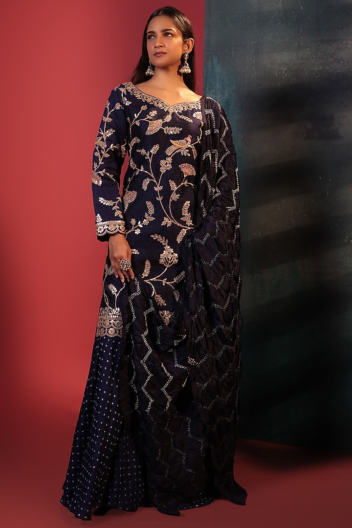 Midnight Blue Silk Bridal Sharara Set by Siddhartha Daga at Pernia's Pop Up Shop