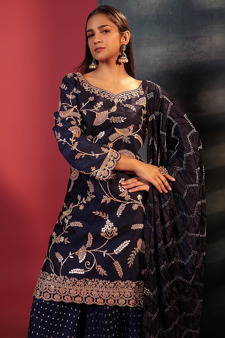 Midnight Blue Silk Bridal Sharara Set by Siddhartha Daga at Pernia's Pop Up Shop
