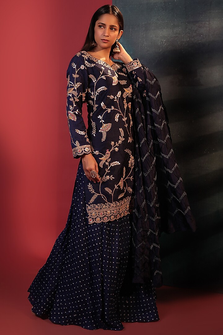 Midnight Blue Silk Bridal Sharara Set by Siddhartha Daga at Pernia's Pop Up Shop