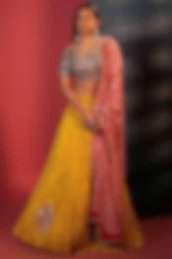 Yellow Silk Embroidered Crush Wedding Lehenga Set by Siddhartha Daga at Pernia's Pop Up Shop