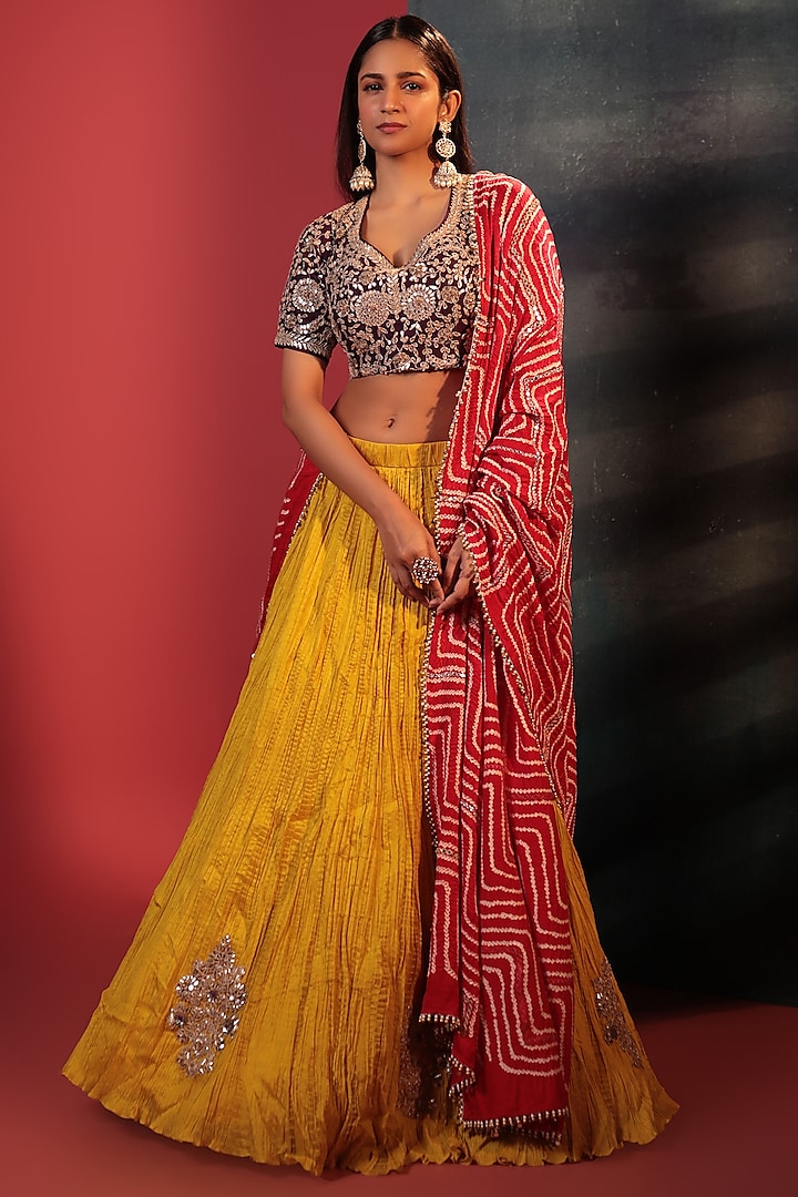 Yellow Silk Embroidered Crush Wedding Lehenga Set by Siddhartha Daga at Pernia's Pop Up Shop