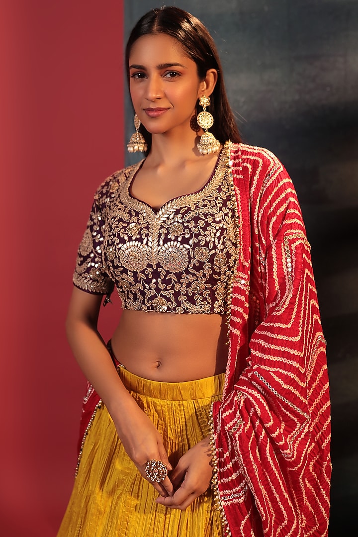Yellow Silk Embroidered Crush Wedding Lehenga Set by Siddhartha Daga at Pernia's Pop Up Shop