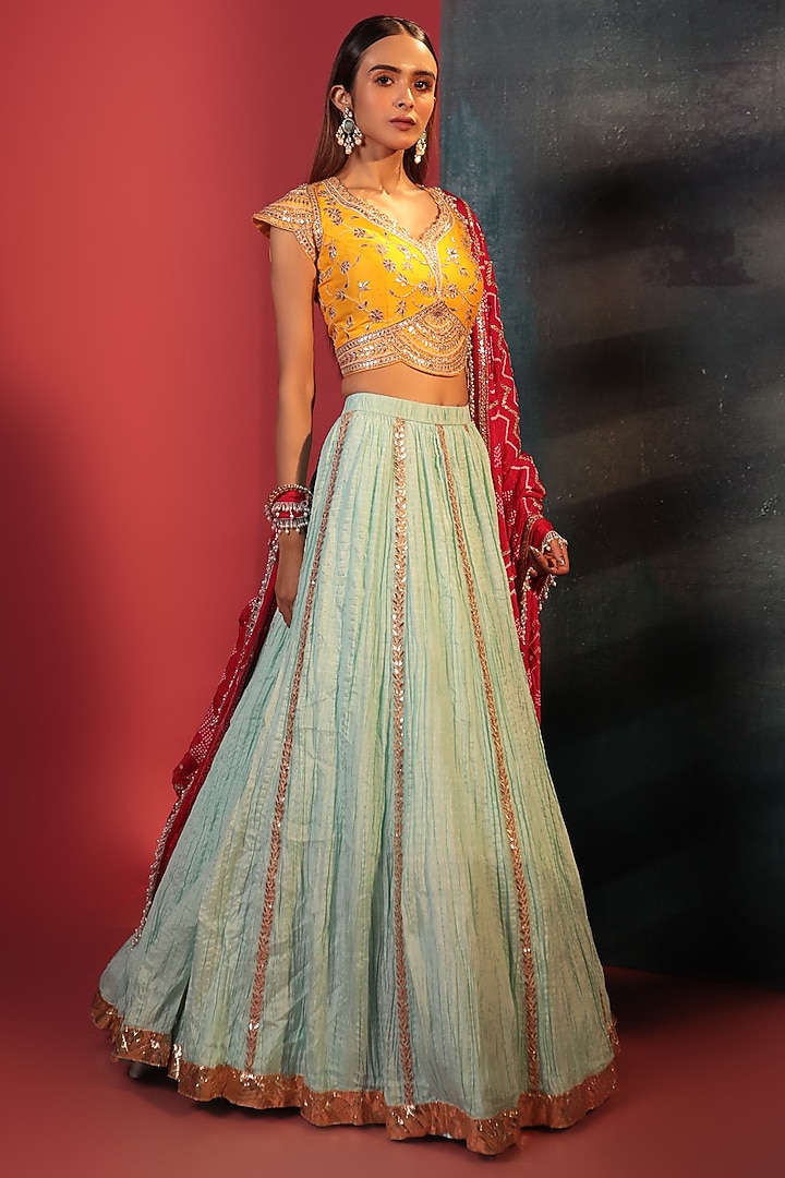 Firozi Silk Embroidered Crush Wedding Lehenga Set by Siddhartha Daga at Pernia's Pop Up Shop