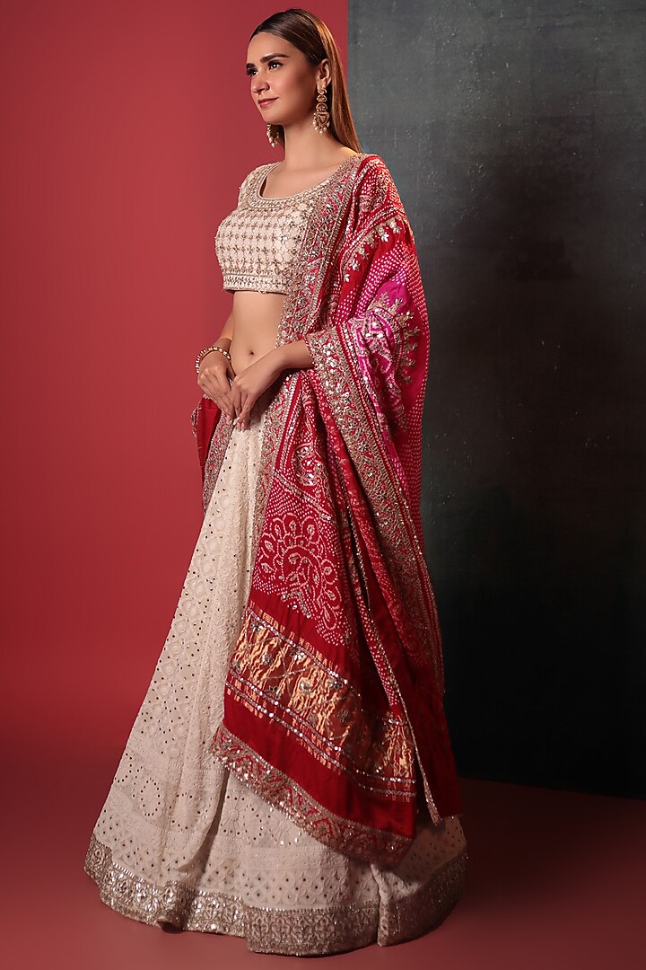 Ivory Silk Embellished Chikankari Bridal Lehenga Set by Siddhartha Daga at Pernia's Pop Up Shop
