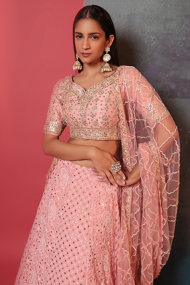 Peach Silk Embellished Chikankari Bridal Lehenga Set by Siddhartha Daga at Pernia's Pop Up Shop