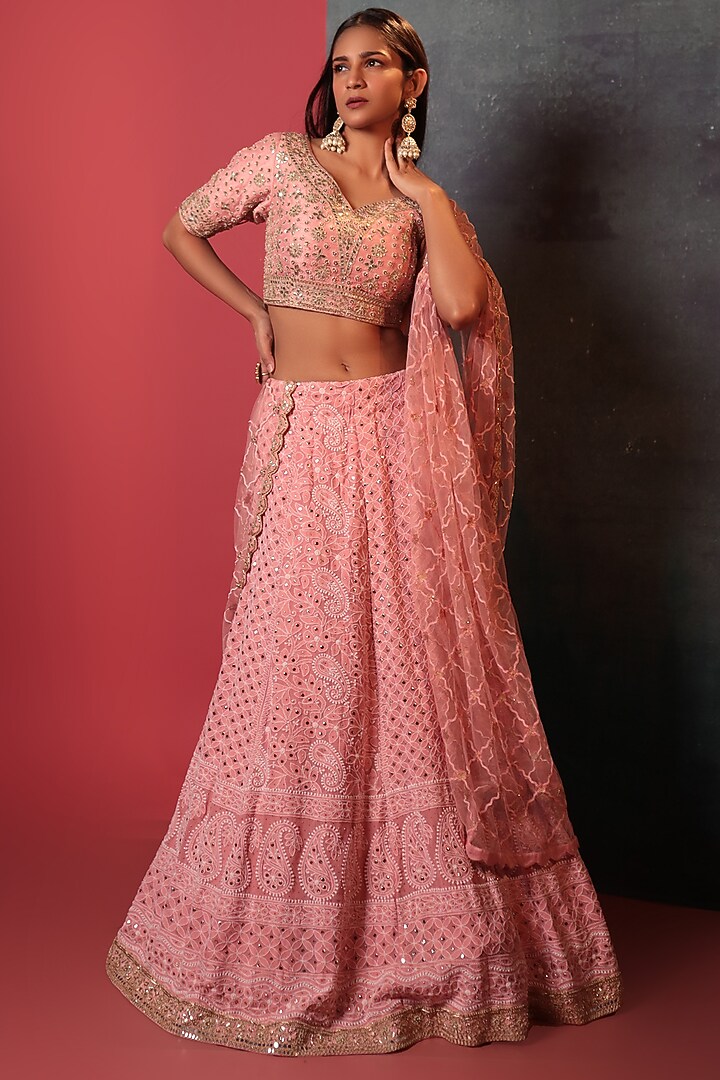 Peach Silk Embellished Chikankari Bridal Lehenga Set by Siddhartha Daga at Pernia's Pop Up Shop