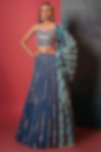 Cobalt Blue Silk Embroidered Crush Wedding Lehenga Set by Siddhartha Daga at Pernia's Pop Up Shop