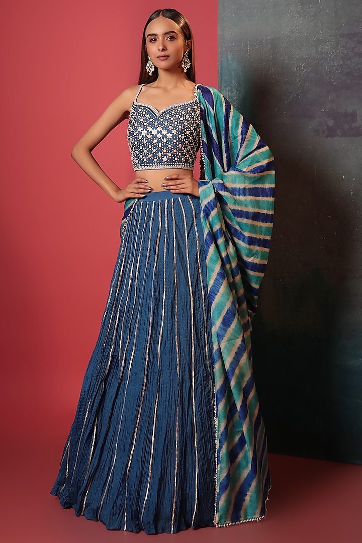 Cobalt Blue Silk Embroidered Crush Wedding Lehenga Set by Siddhartha Daga at Pernia's Pop Up Shop