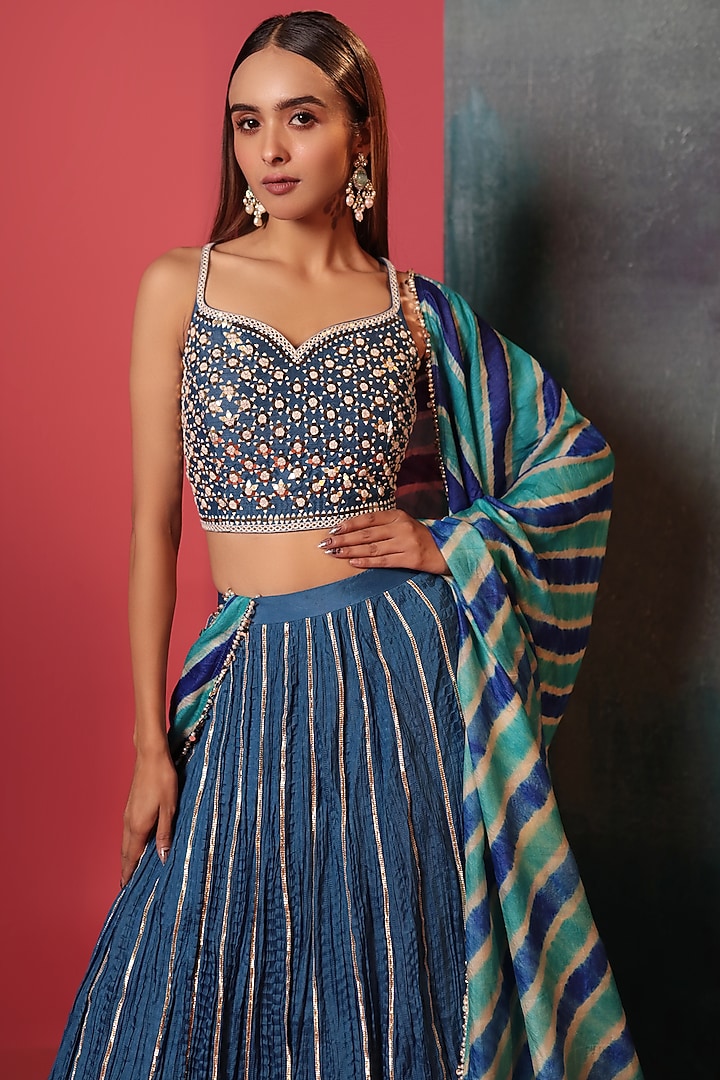 Cobalt Blue Silk Embroidered Crush Wedding Lehenga Set by Siddhartha Daga at Pernia's Pop Up Shop