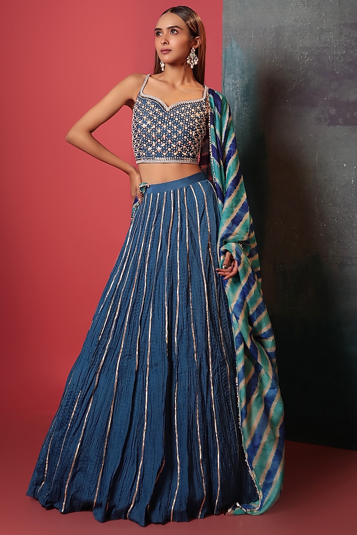 Cobalt Blue Silk Embroidered Crush Wedding Lehenga Set by Siddhartha Daga at Pernia's Pop Up Shop