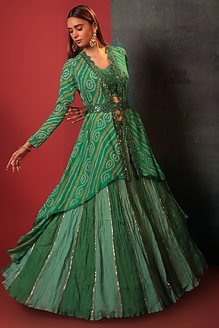 Green Silk & Pure Georgette Embroidered Jacket Lehenga Set by Siddhartha Daga