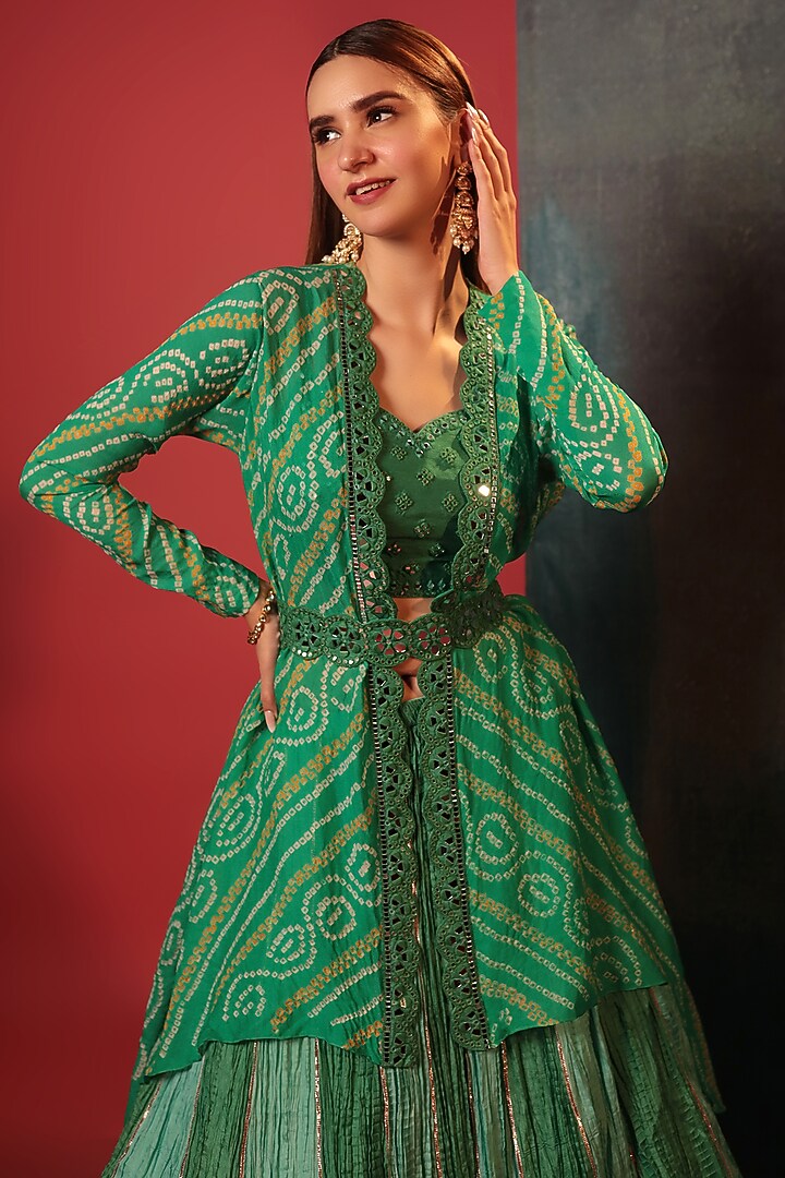 Green Silk & Pure Georgette Embroidered Jacket Wedding Lehenga Set by Siddhartha Daga at Pernia's Pop Up Shop