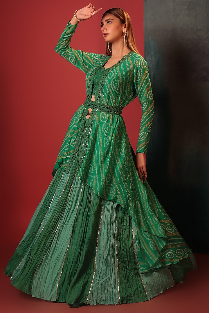 Green Silk & Pure Georgette Embroidered Jacket Wedding Lehenga Set by Siddhartha Daga at Pernia's Pop Up Shop
