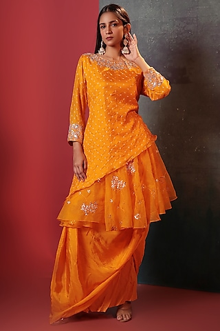 Orange Silk & Organza Embellished Draped Skirt Set by Siddhartha Daga