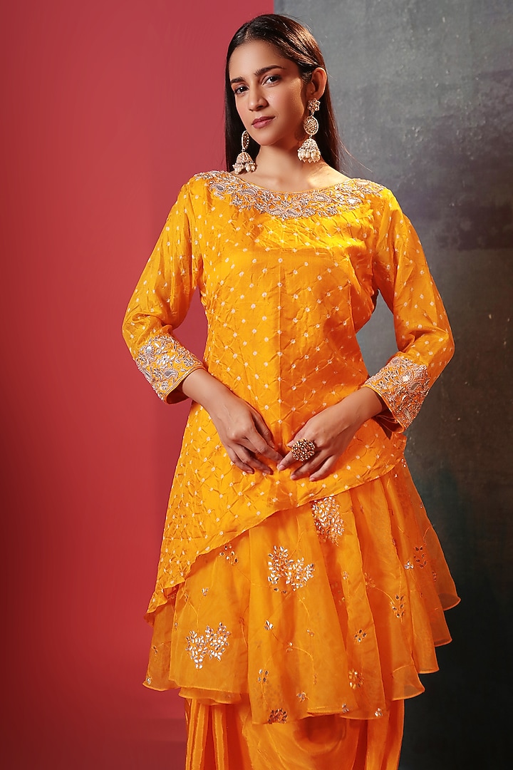 Orange Silk & Organza Embellished Draped Skirt Set by Siddhartha Daga at Pernia's Pop Up Shop