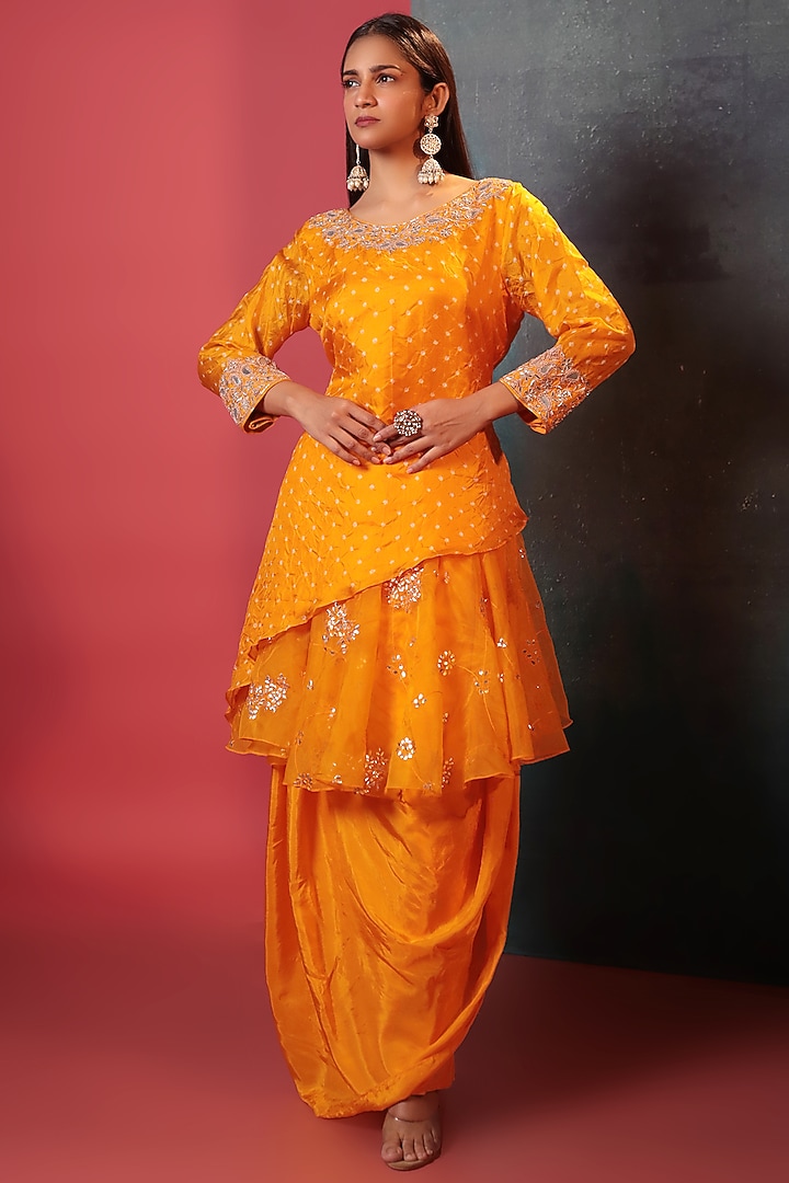 Orange Silk & Organza Embellished Draped Skirt Set by Siddhartha Daga at Pernia's Pop Up Shop