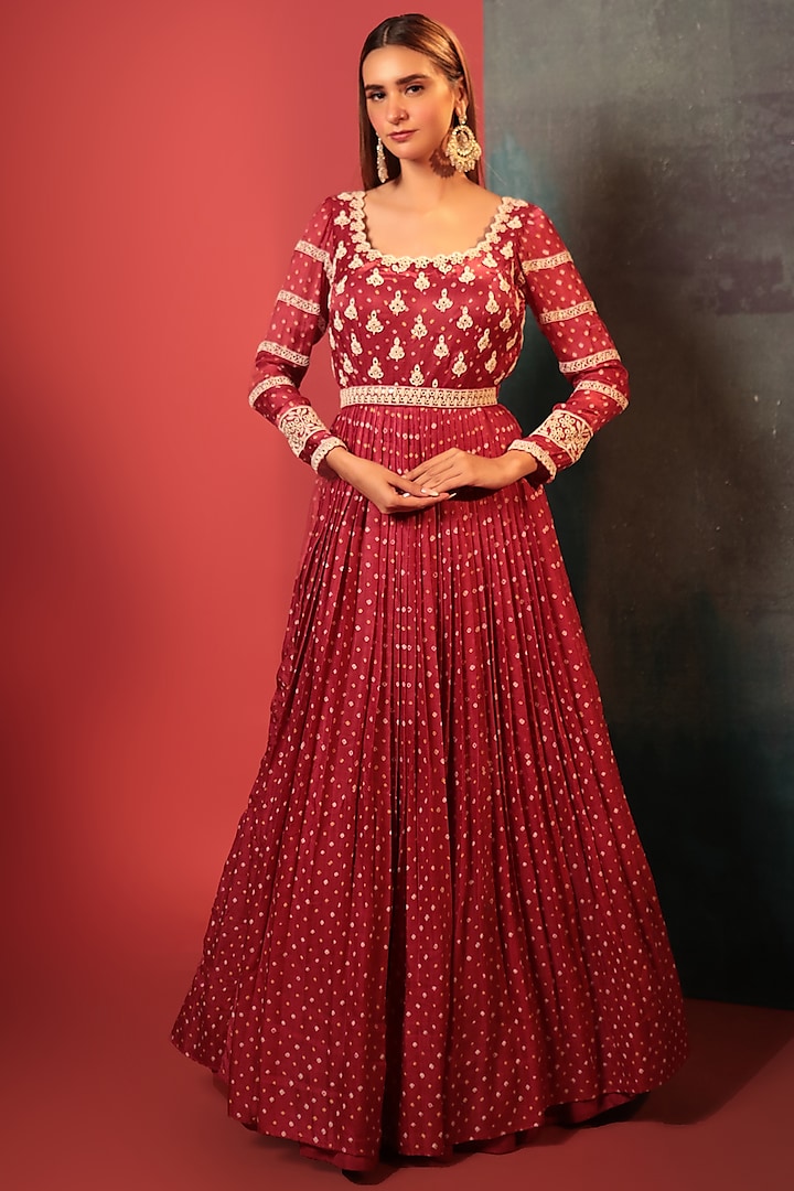 Maroon Silk Embroidered Bandhani Wedding Anarkali by Siddhartha Daga at Pernia's Pop Up Shop