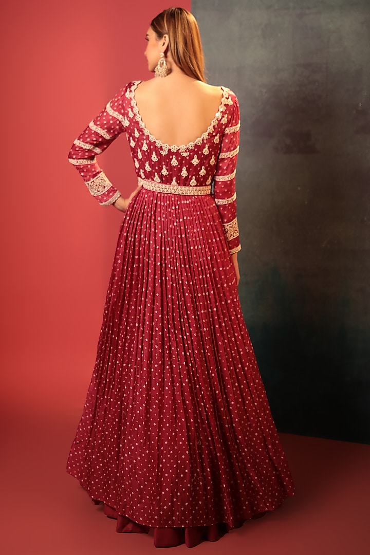 Maroon Silk Embroidered Bandhani Wedding Anarkali by Siddhartha Daga at Pernia's Pop Up Shop