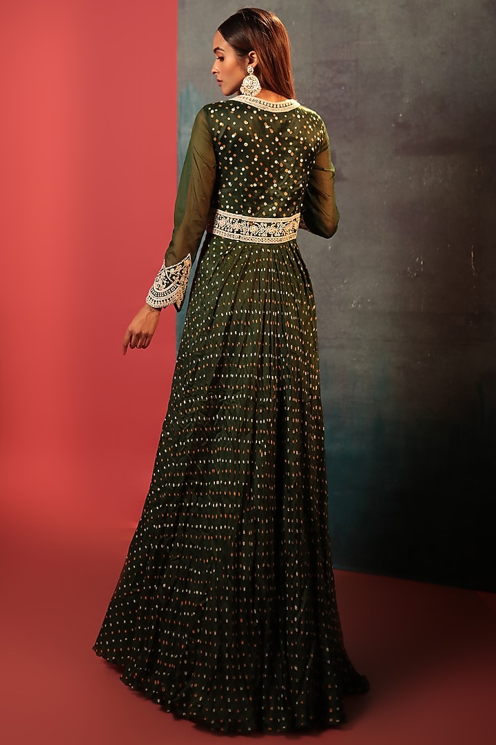Green Silk Embroidered Bandhani Wedding Anarkali by Siddhartha Daga at Pernia's Pop Up Shop