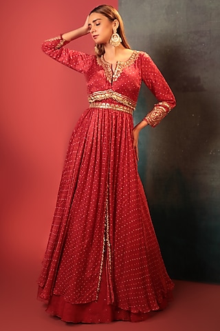 Red Organza Skirt Set by Siddhartha Daga