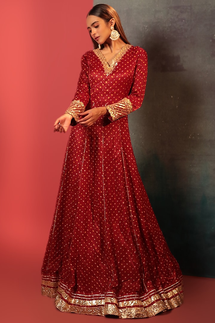 Red Silk Embroidered Bandhani Anarkali by Siddhartha Daga