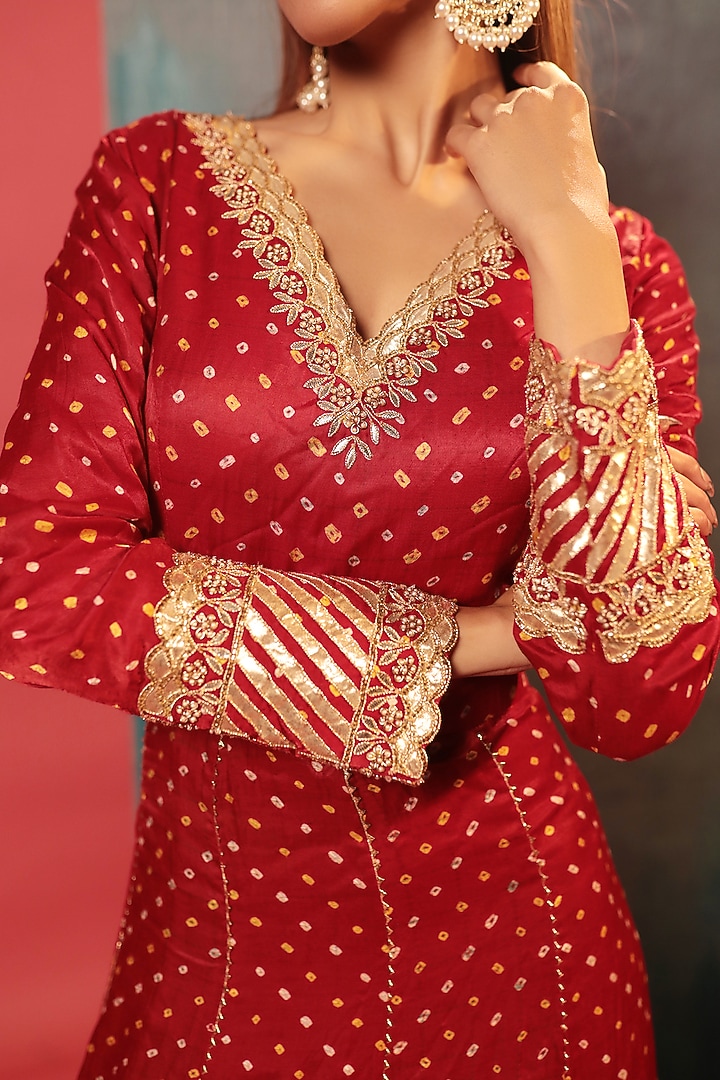 Red Silk Embroidered Bandhani Wedding Anarkali by Siddhartha Daga at Pernia's Pop Up Shop