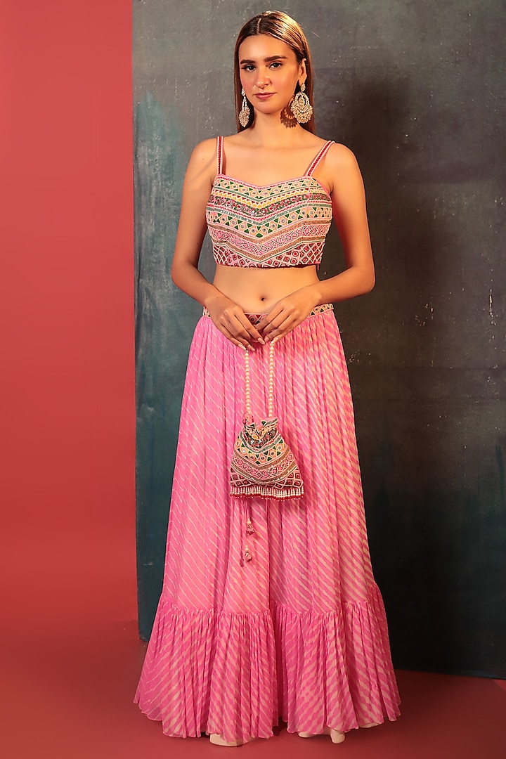 Pink Pure Georgette Silk Leheriya Couching Skirt Set by Siddhartha Daga at Pernia's Pop Up Shop