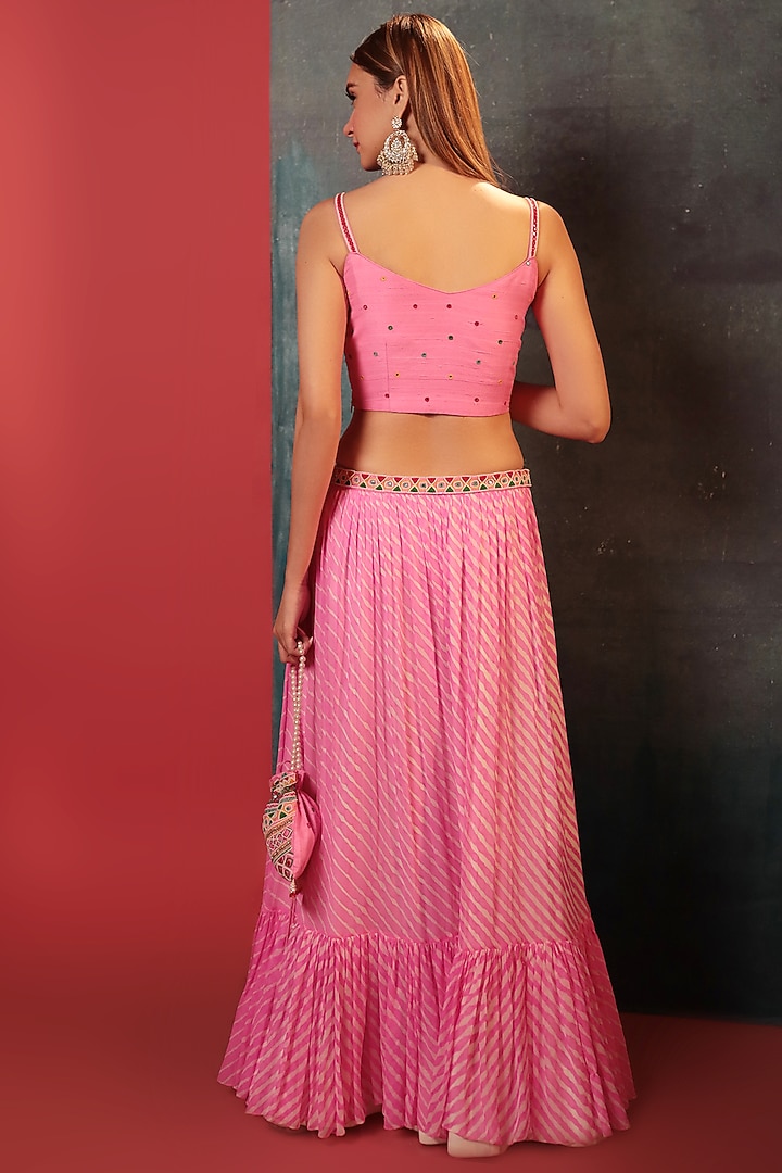 Pink Pure Georgette Silk Leheriya Couching Skirt Set by Siddhartha Daga at Pernia's Pop Up Shop