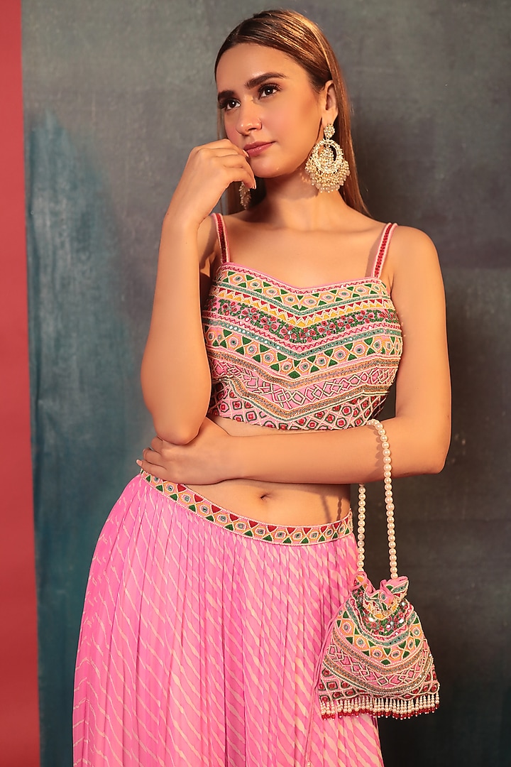 Pink Pure Georgette Silk Leheriya Couching Skirt Set by Siddhartha Daga at Pernia's Pop Up Shop