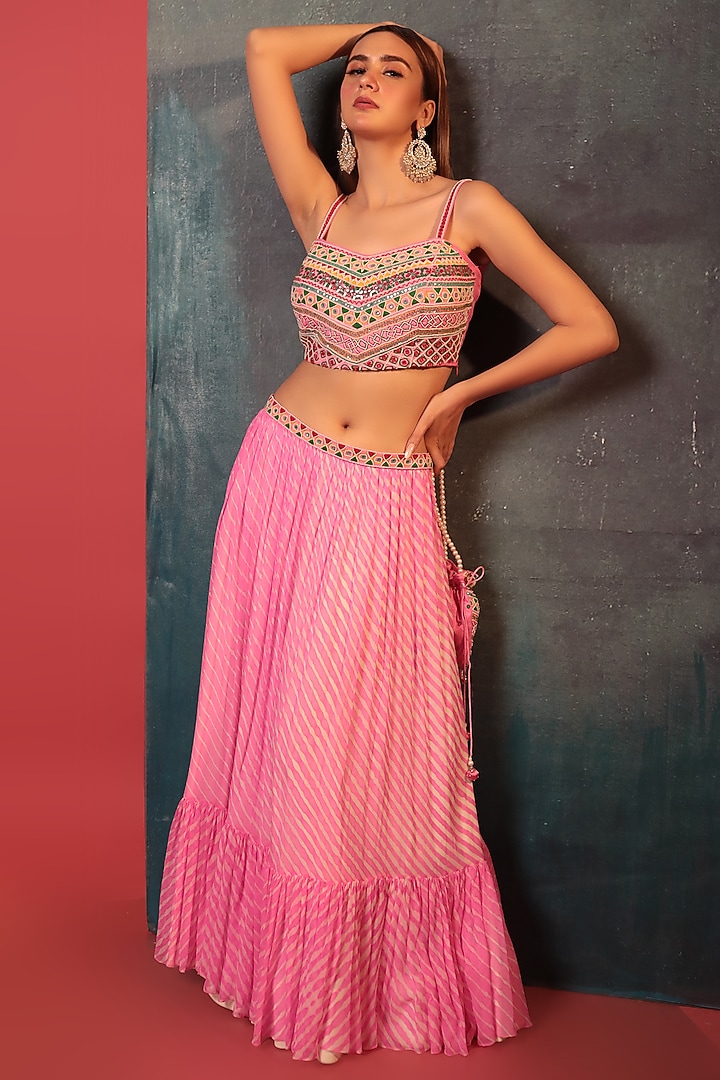 Pink Pure Georgette Silk Leheriya Couching Skirt Set by Siddhartha Daga at Pernia's Pop Up Shop