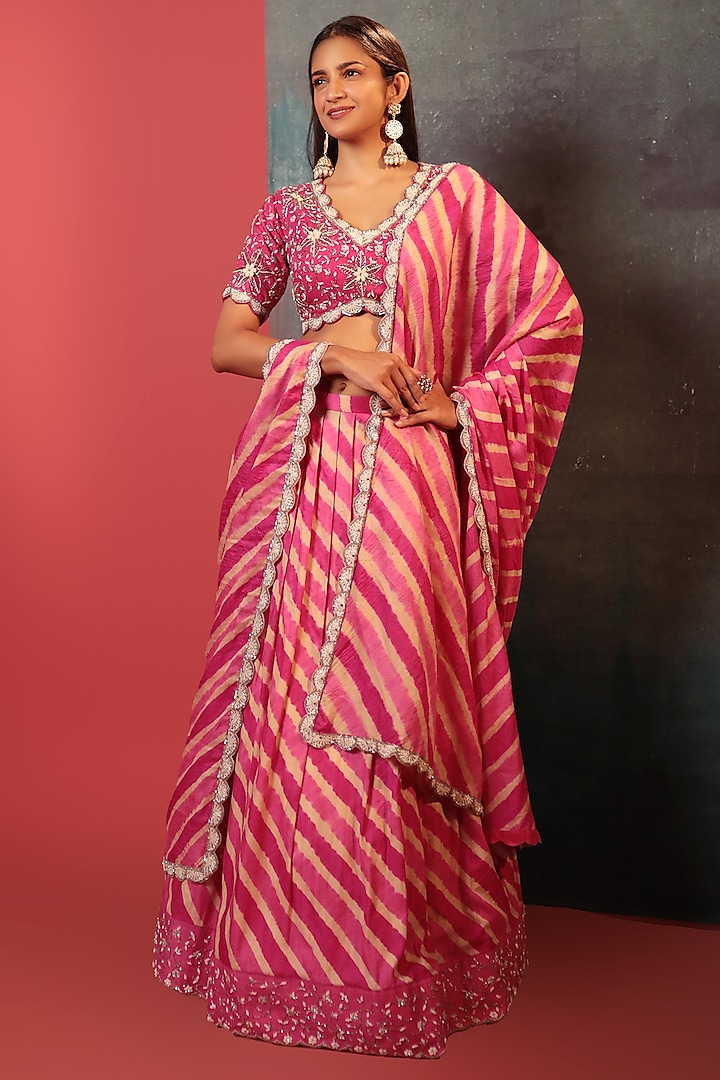 Pink Silk Embellished Leheriya Pleated Wedding Lehenga Set by Siddhartha Daga at Pernia's Pop Up Shop