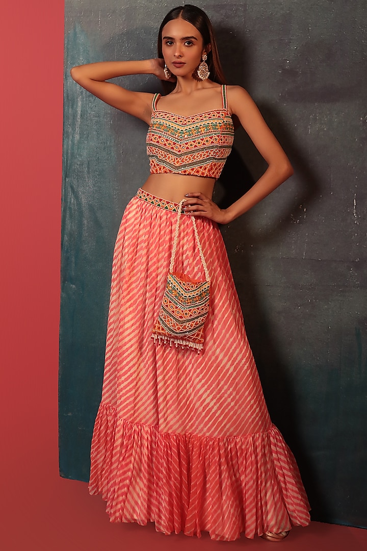 Peach Pure Georgette Silk Leheriya Couching Skirt Set by Siddhartha Daga at Pernia's Pop Up Shop