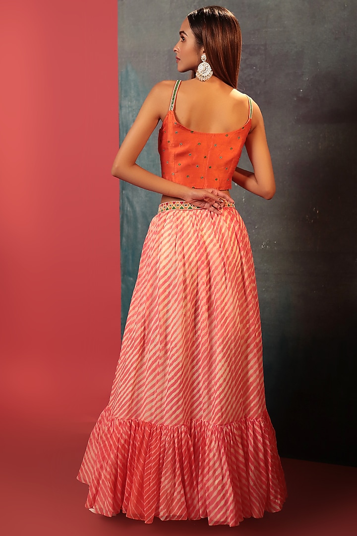 Peach Pure Georgette Silk Leheriya Couching Skirt Set by Siddhartha Daga at Pernia's Pop Up Shop