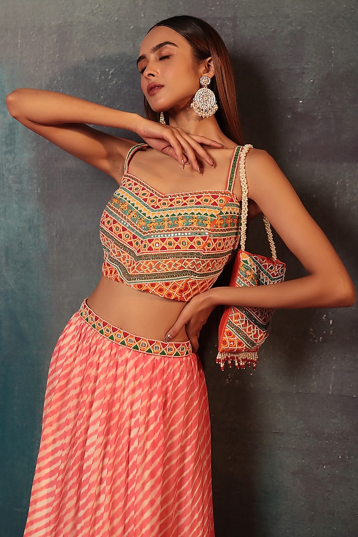 Peach Pure Georgette Silk Leheriya Couching Skirt Set by Siddhartha Daga at Pernia's Pop Up Shop