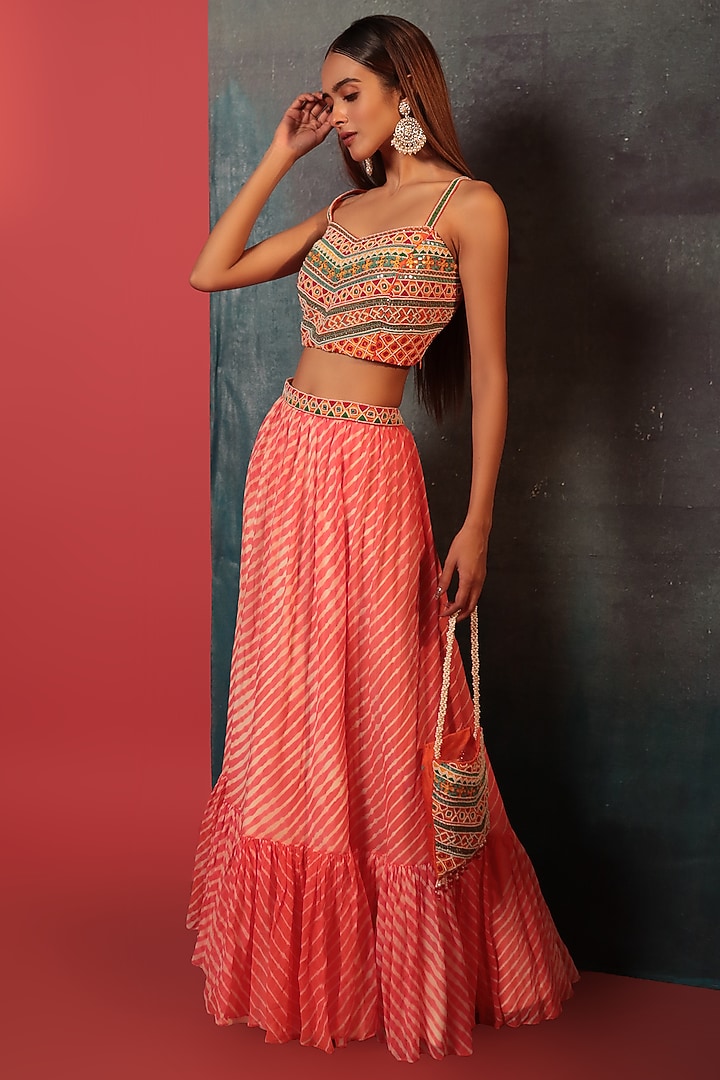 Peach Pure Georgette Silk Leheriya Couching Skirt Set by Siddhartha Daga at Pernia's Pop Up Shop