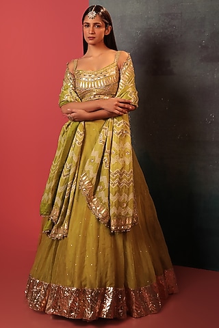 Green Organza Embellished Lehenga Set by Siddhartha Daga